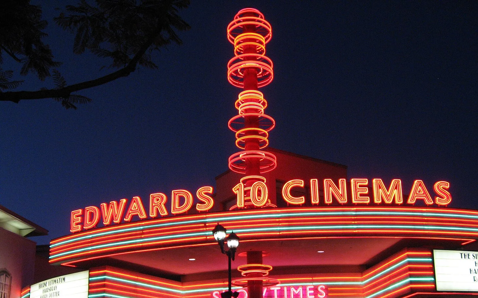 The illuminated Edwards cinema marquee in downtown Brea, California